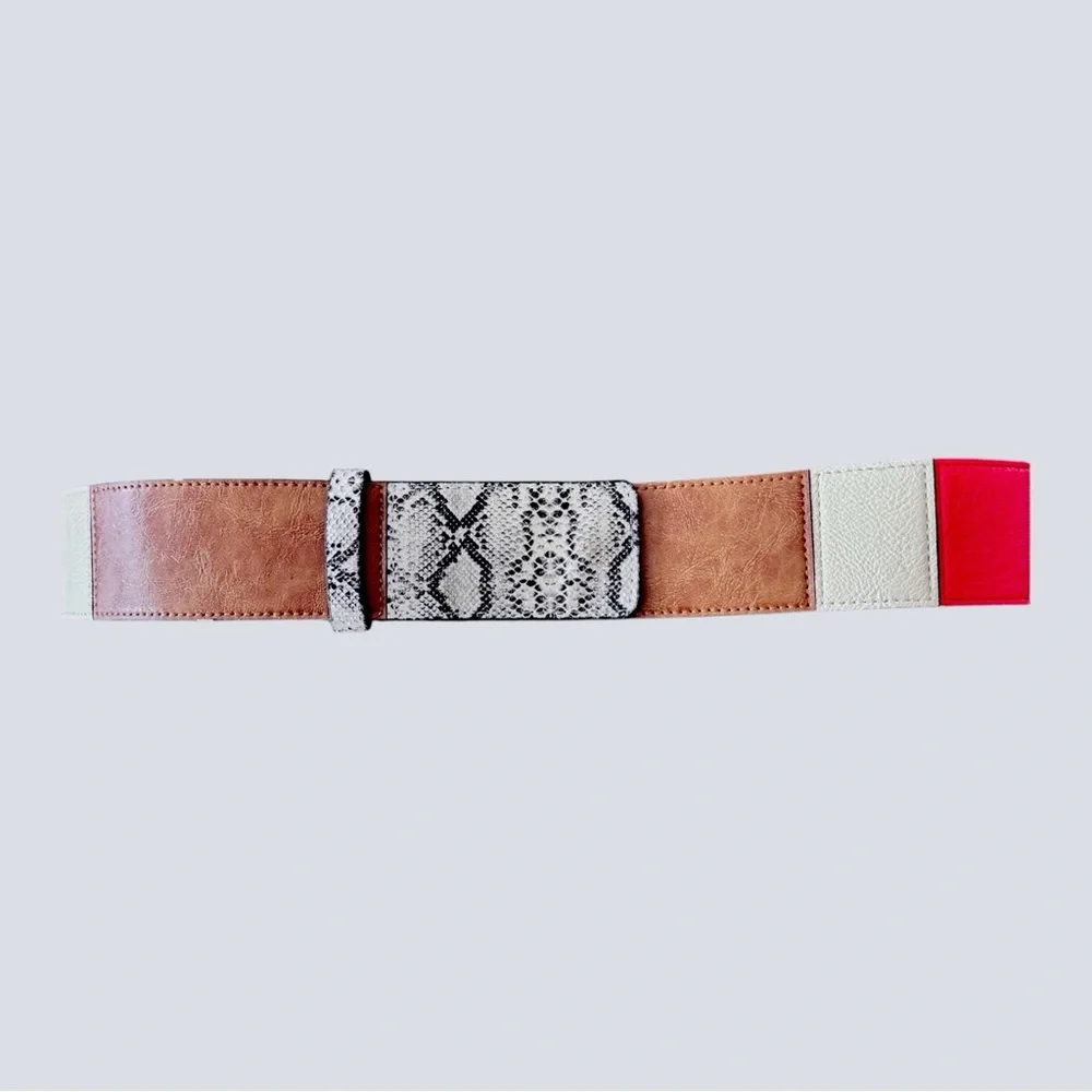 The Limited Wide Stretch Belt Sz M Colorblock Red Brown Snakeskin Elastic Waist